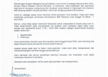Wabah Corona, Summarecon Mal Serpong Ditutup Sementara